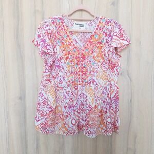 Savanna Jane Womens Embroidered Top Size L Pink Orange Ikat Boho Southwestern